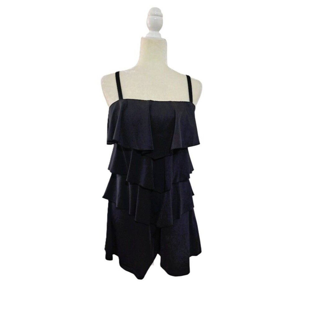 Fit 4 U One Piece Swim Dress Black Tiered Romper Swimsuit Beach Travel Sz 10